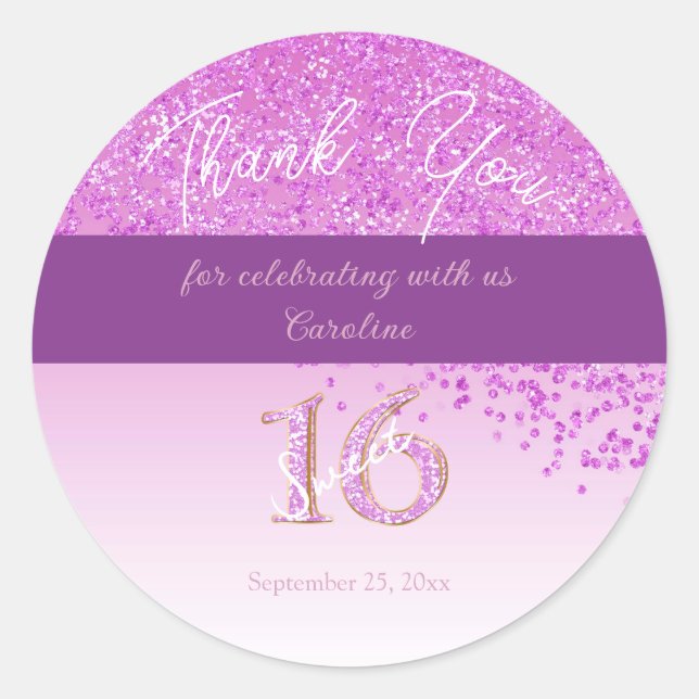 Sticker Rond Doux 16 Merci chute Parties scintillant rose (Devant)