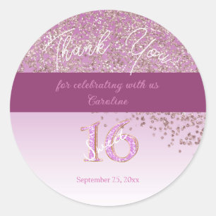 Sticker Rond Doux 16 Merci Rose Dorée Paillettes Tombantes