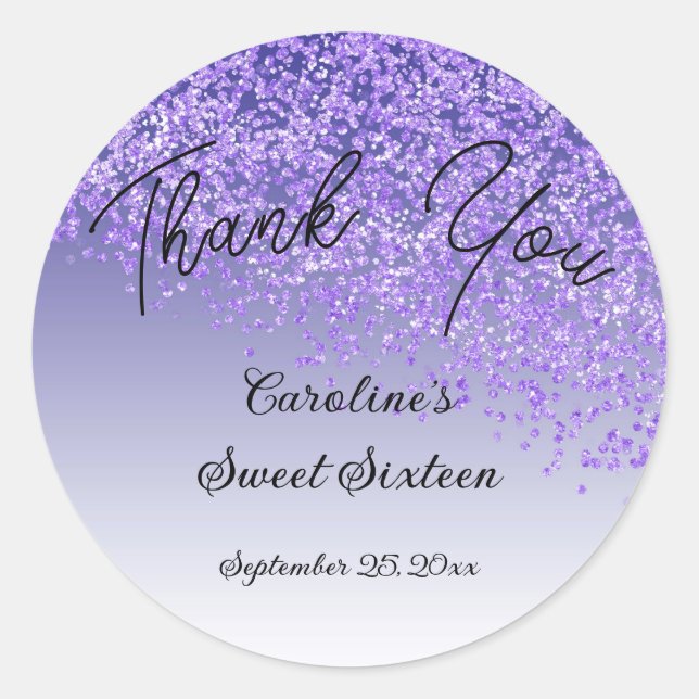 Sticker Rond Doux 16 Merci Tombant Parties scintillant violet (Devant)