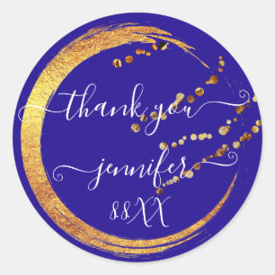 Sticker Rond Doux 16e Remerciement Date Bleu Royal Or Mariage 