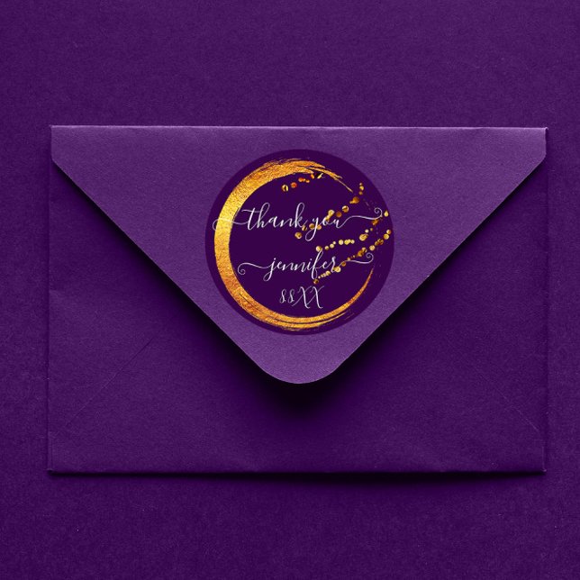 Sticker Rond Doux 16e Remerciement Date Mariage Violet Or Doré (Créateur téléchargé)