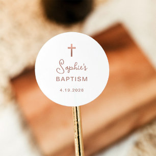 Sticker Rond Doux et simple   Croix d'or rose Baptême