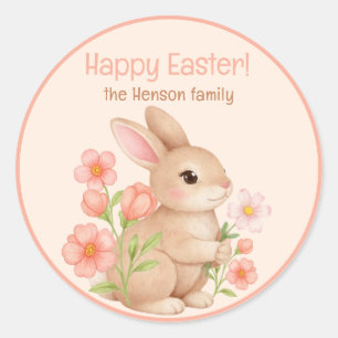 Sticker Rond Doux lapins de printemps et jardin floral 