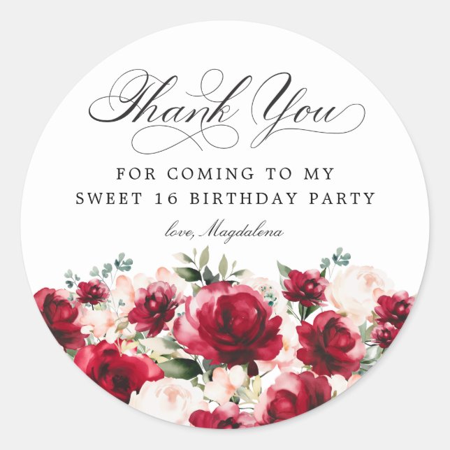 Sticker Rond Doux Merci floral rose rouge 16 parties (Devant)