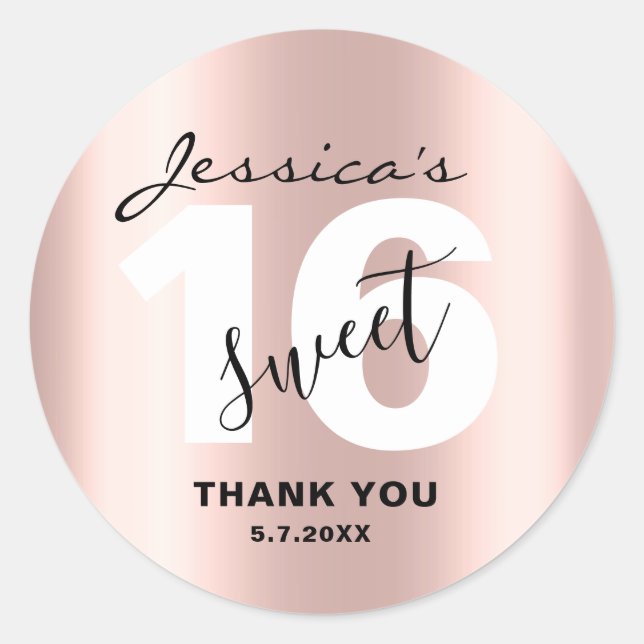 Sticker Rond Doux personnalisé 16 Rose élégant Merci or chic (Devant)