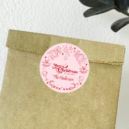 Sticker Rond Doux rose de noël doodé nom de famille personnalis