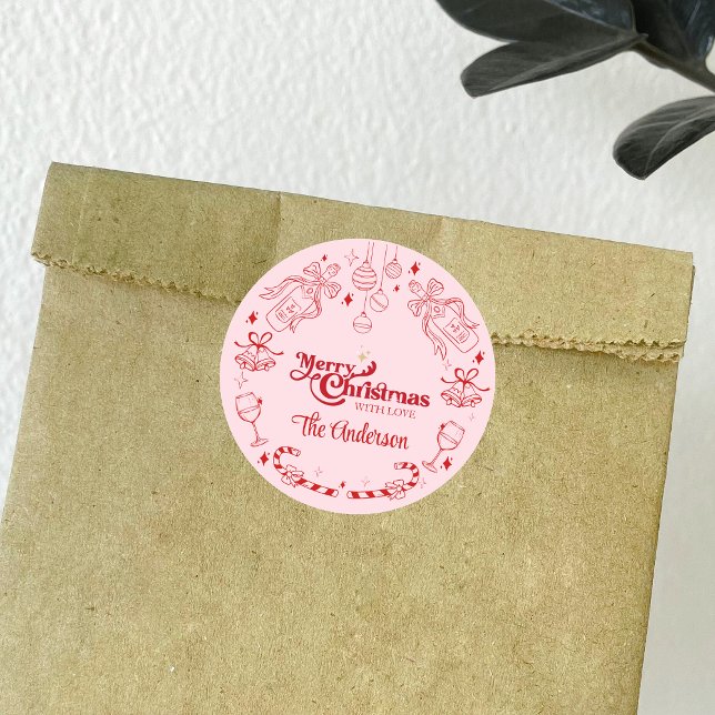 Sticker Rond Doux rose de noël doodé nom de famille personnalis (Créateur téléchargé)