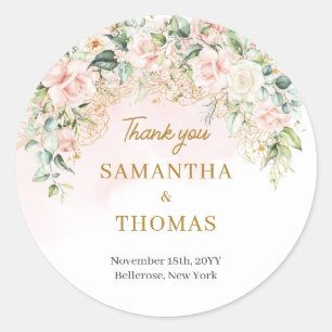 Sticker Rond Doux roses rose pâle eucalyptus et mariage d'or
