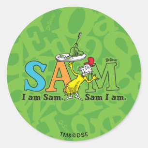 Sticker Rond Dr. Seuss   Je suis Sam. Sam je suis.