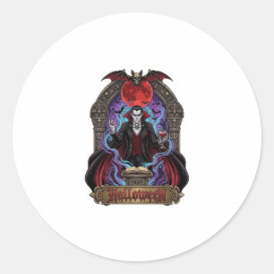 Sticker Rond Dracula Halloween Lune Rouge Chauves-Souris Crâne_