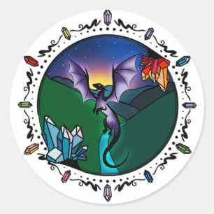 Sticker Rond Dragon Améthyste Élégant en cristal magique Twilig