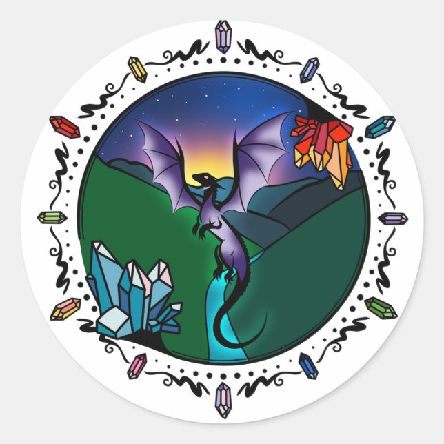Sticker Rond Dragon Améthyste Élégant en cristal magique Twilig (Devant)