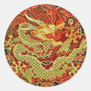 Sticker Rond Dragon asiatique d'or brodé sur rouge foncé