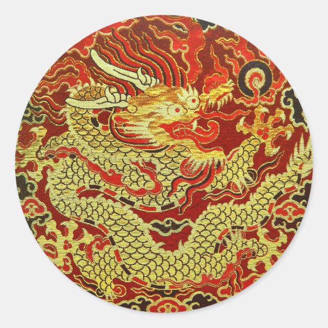 Sticker Rond Dragon asiatique doré brodé sur rouge foncé (Devant)