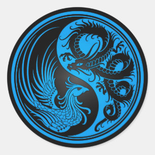 Sticker Rond Dragon bleu et noir Phoenix Yin Yang