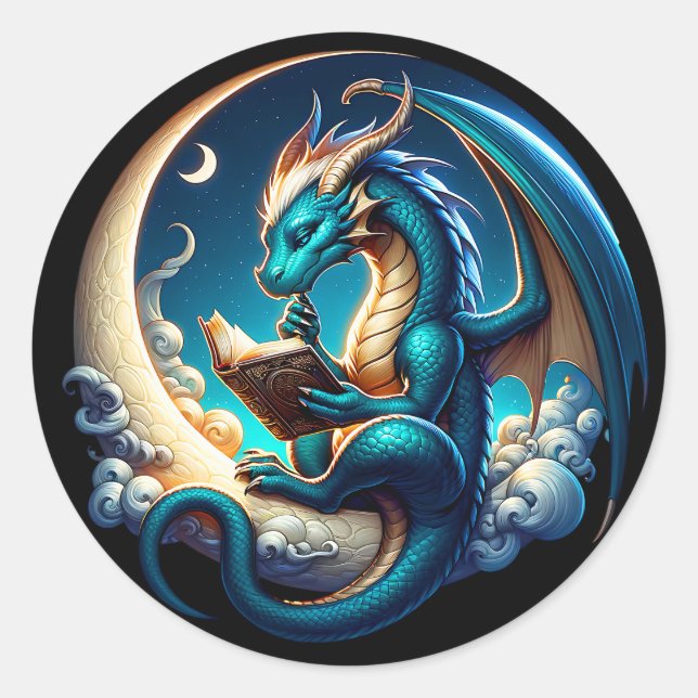Sticker Rond Dragon Bookworm, Moonlight Reading Tee (Devant)