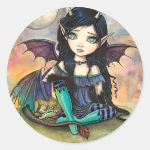 Sticker Rond Dragon Child Cuge Big Eye Fairy et Dragon