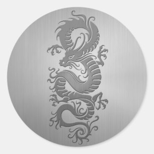 Sticker Rond Dragon chinois, effet acier inoxydable