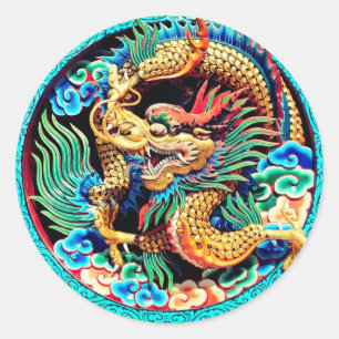 Sticker Rond Dragon Coloré Chinois Lotus Flower Art
