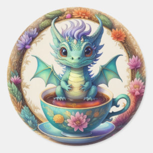 Sticker Rond Dragon de bébé rond dans une théière