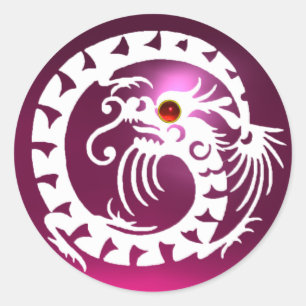 Sticker Rond DRAGON DE NAGE, blanc, améthyste rose, rubis rouge