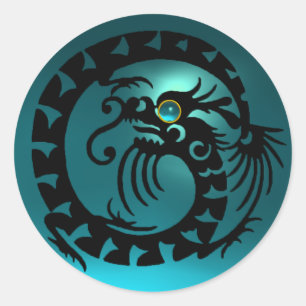 Sticker Rond DRAGON DE NAGE, noir, bleu aquamarine