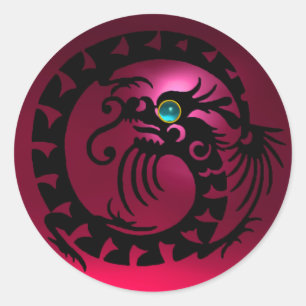 Sticker Rond DRAGON DE NAGE, noir, rubis rose rouge, bleu aquam