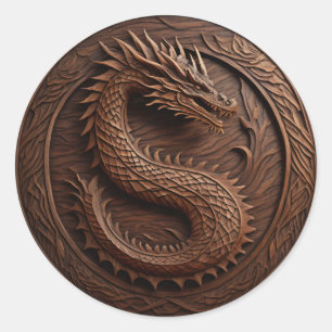 Sticker Rond Dragon de sculpture sur bois simulé