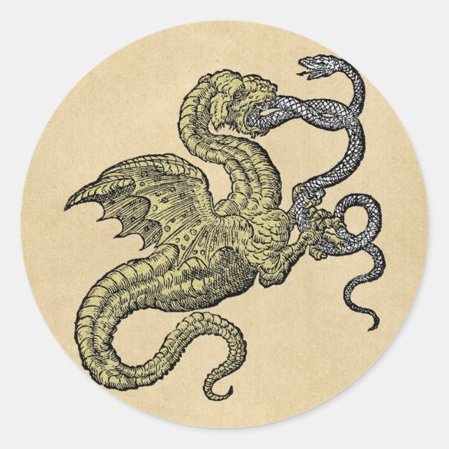 Sticker Rond Dragon d'or : combattre le serpent d'argent (Devant)