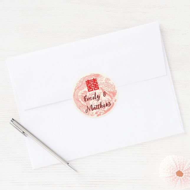 Sticker Rond Dragon et Phoenix faire-part de mariage rouge chin (Enveloppe)