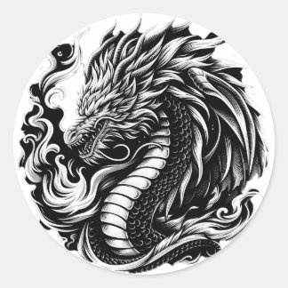 Sticker Rond Dragon Imaginaire noir/blanc
