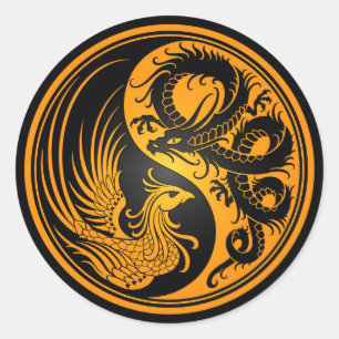 Sticker Rond Dragon jaune et noir Phoenix Yin Yang