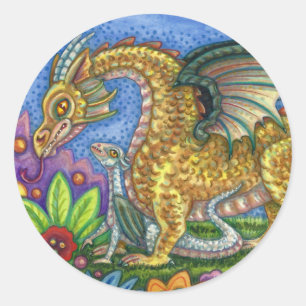 STICKER ROND DRAGON MÉDIÉVAL & JEUNE, JARDIN D'ART FOLK COLORÉ