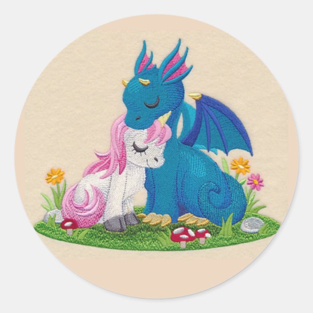 Sticker Rond Dragon mignon et licorne en amour (Devant)