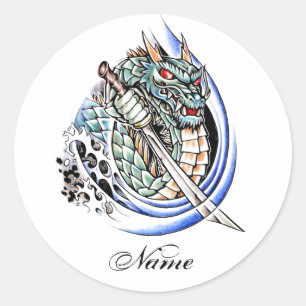 Sticker Rond Dragon oriental frais avec le tatouage d'épée