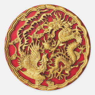 Sticker Rond Dragon Phoenix Rouge Or Chinois Mariage Faveur