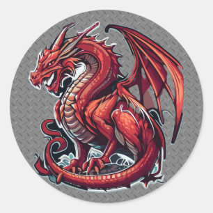 Sticker Rond Dragon Rouge Fierté Sur Plaque Diamant Métal