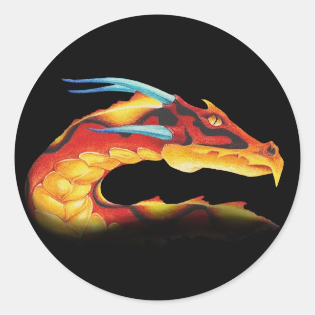 Sticker Rond Dragon rouge sans peur avec cornes bleues (Devant)