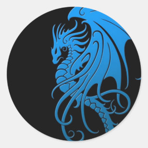 Sticker Rond Dragon tribal de vol - bleu sur le noir