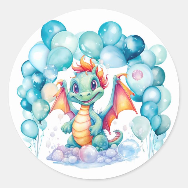 Sticker Rond Dragon turquoise avec Balloon Arch fête d'annivers (Devant)