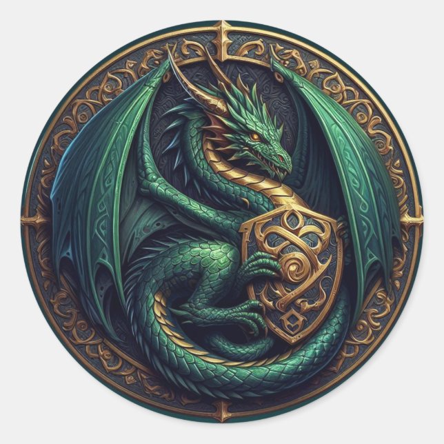 Sticker Rond Dragon vert avec Bouclier (Devant)