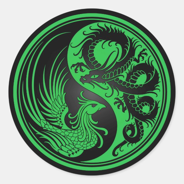 Sticker Rond Dragon vert et noir Phoenix Yin Yang (Devant)
