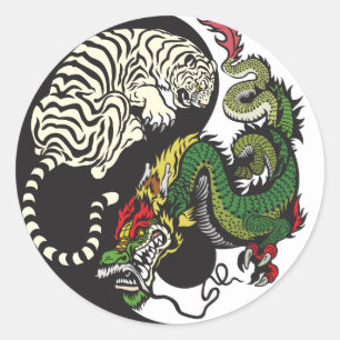 Sticker Rond dragon vert et symbole blanc de yang de yin de