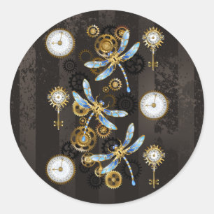 Sticker Rond Dragonflies de Steampunk sur arrière - plan rayé b