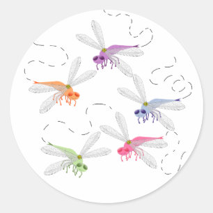Sticker Rond Dragonflies Whimsical Cartoon Art