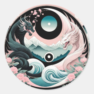 Sticker Rond Dragons Floral Montagne Rose Sauge Teal