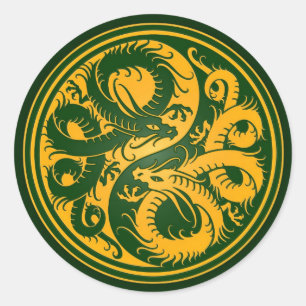 Sticker Rond Dragons jaunes et verts de Chinois de Yin Yang
