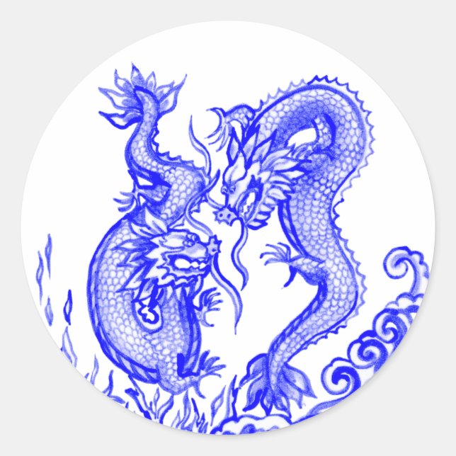 Sticker Rond Dragons spectaculaires Blue White Water Fire Asiat (Devant)