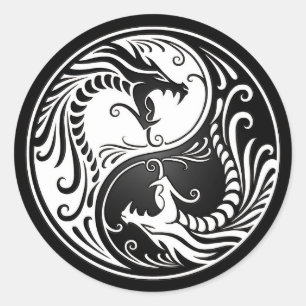 Sticker Rond Dragons Yin Yang blancs et noirs