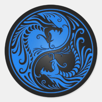 Sticker Rond Dragons Yin Yang bleu et noir
